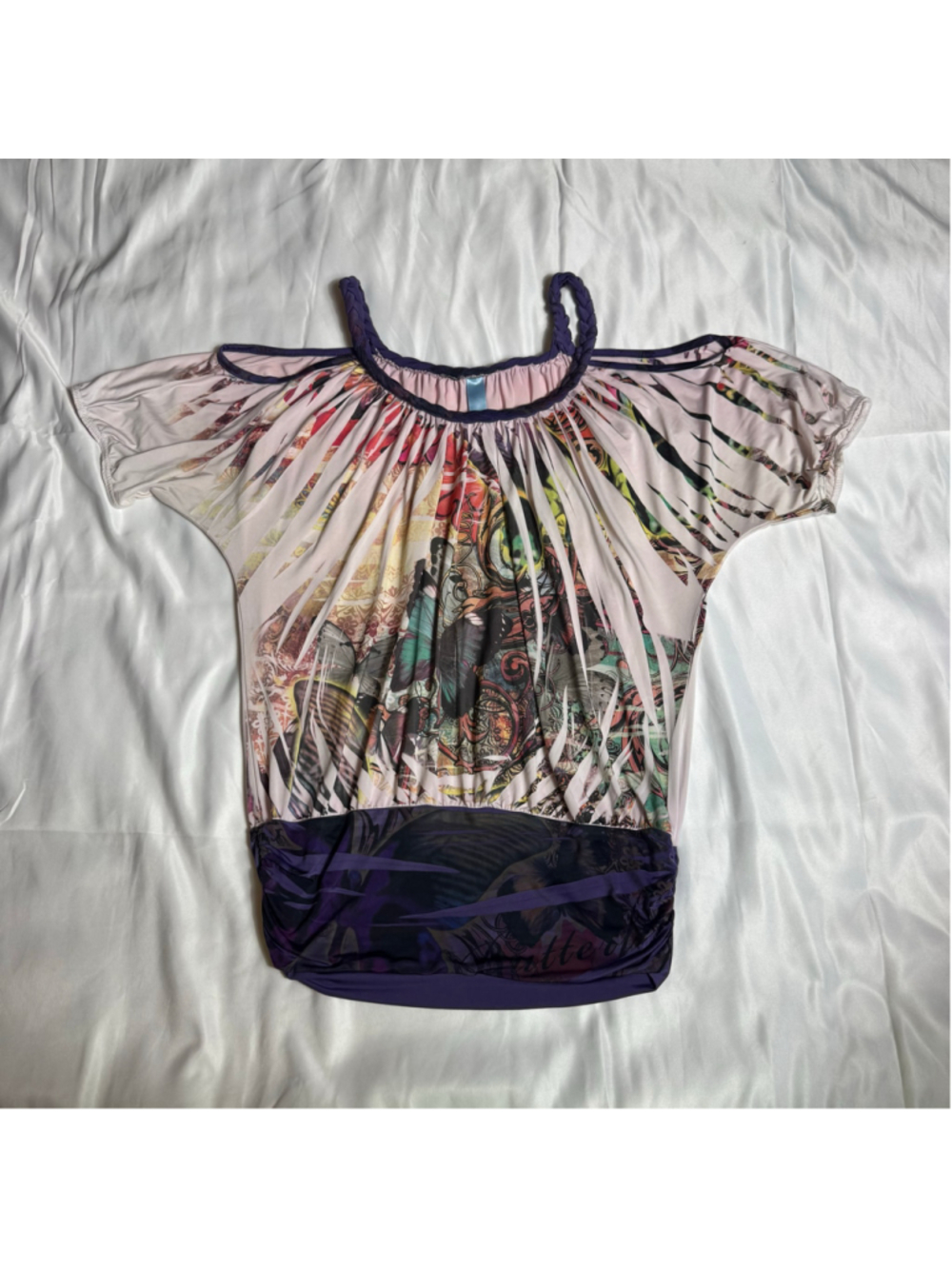 Women's Y2K Annabelle Cold Shoulder Blouse Size M Pink Purple Graphic Print